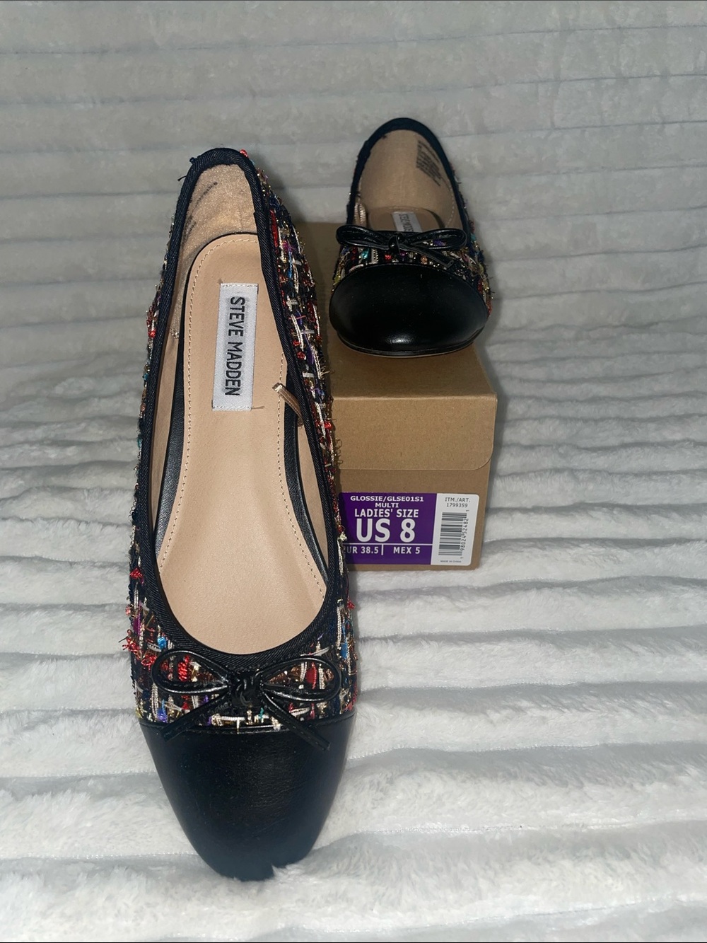 Steve Madden Black Multicolor Tweed Cap-Toe Ballet Flats